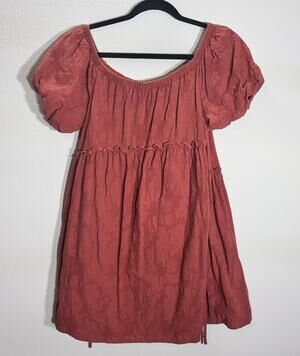 Lida Kate Rust Textured Babydoll Dress Puff Sleeve Cottagecore M